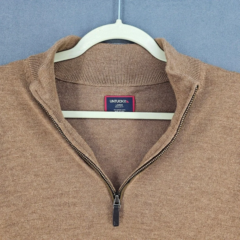 UNTUCKit Sweater Mens Large Brown 1/4 Zip Merino Wool Mock Neck Pullover Knit